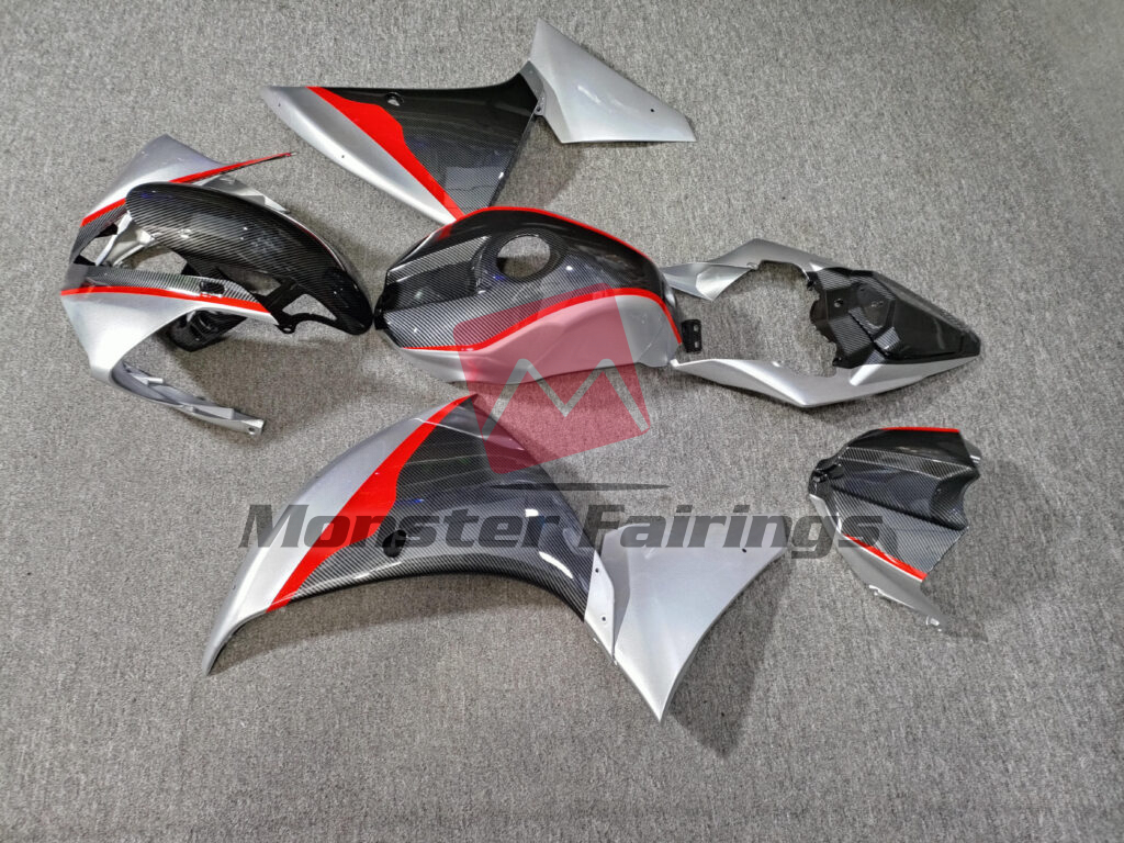 2009 - 2011 Yamaha R1 Gloss Carbon Fiber Style Silver & Red fairing set - ABS injection, custom painted by Monster Fairings