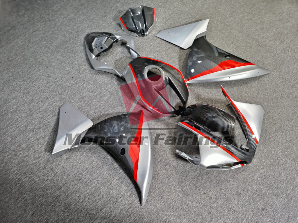 Gloss Carbon Fiber Style Silver & Red ABS fairings for Yamaha R1 2009 - 2011 - premium OEM fit kit by Monster Fairings