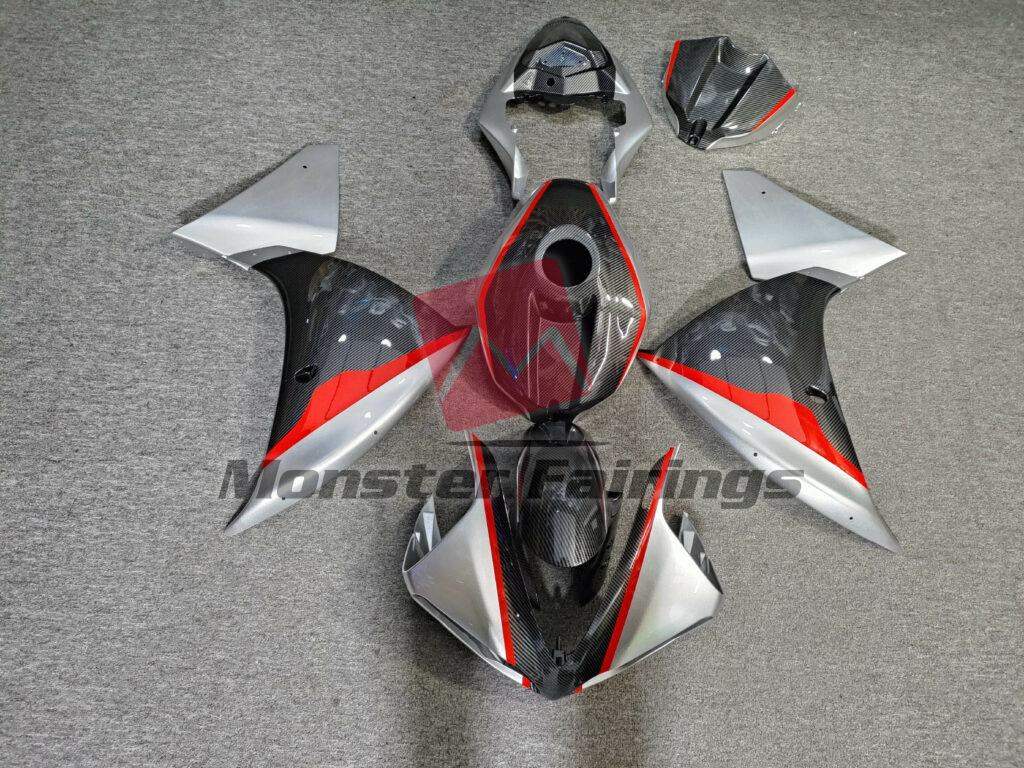 Yamaha R1 2009 - 2011 Gloss Carbon Fiber Style Silver & Red ABS fairings - custom motorcycle bodywork kit by Monster Fairings