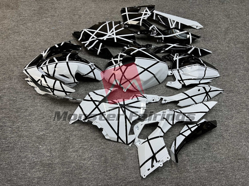 2018 - 2024 Kawasaki Ninja 400 Gloss Black & White Pattern Split fairing set - ABS injection, custom painted by Monster Fairings