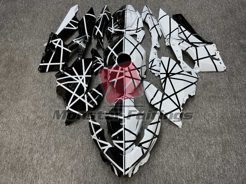 Kawasaki Ninja 400 2018 - 2024 Gloss Black & White Pattern Split ABS fairings - custom motorcycle bodywork kit by Monster Fairings