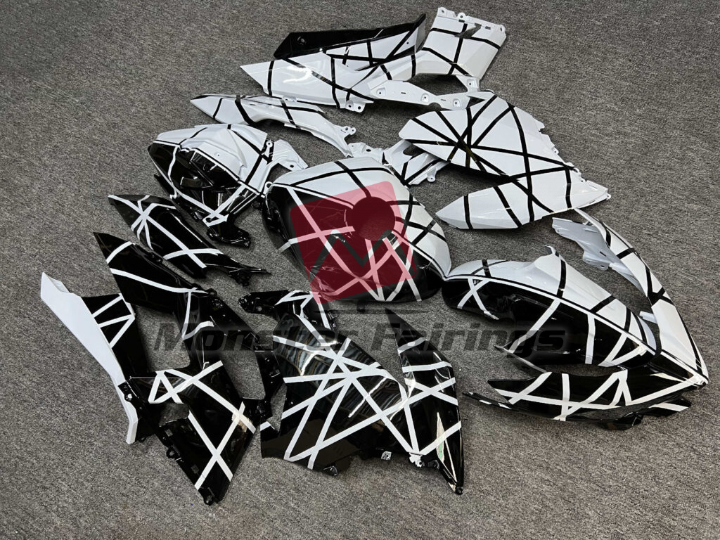 Kawasaki Ninja 400 custom ABS fairings 2018 - 2024 in Gloss Black & White Pattern Split - durable replacement kit, Monster Fairings