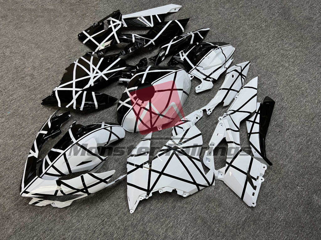 Gloss Black & White Pattern Split ABS fairings for Kawasaki Ninja 400 2018 - 2024 - premium OEM fit kit by Monster Fairings