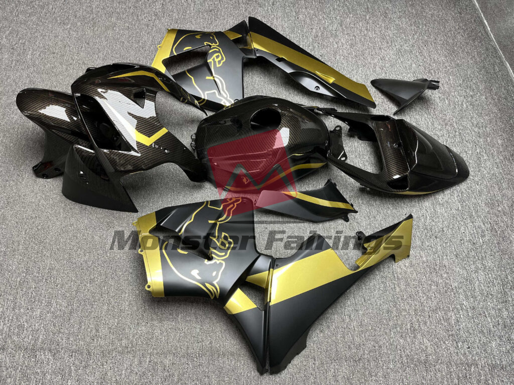 2005 - 2006 Honda CBR600RR Gloss Carbon Fiber Style Gold & Matte Black Bull fairing set - ABS injection, custom painted by Monster Fairings