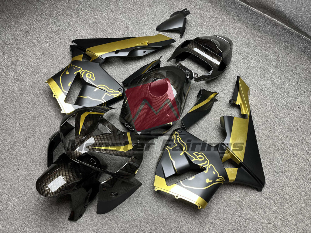 Honda CBR600RR custom ABS fairings 2005 - 2006 in Gloss Carbon Fiber Style Gold & Matte Black Bull - durable replacement kit, Monster Fairings
