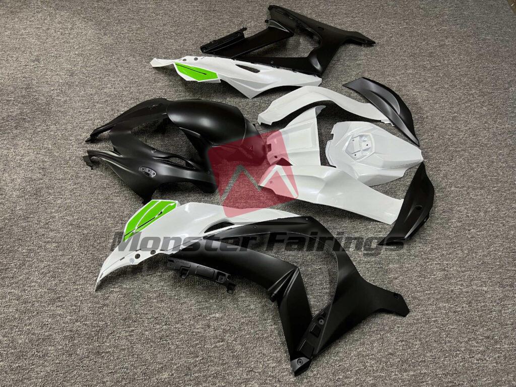 2016 - 2020 Kawasaki ZX10R Pearl White & Matte Black Green fairing set - ABS injection, custom painted by Monster Fairings