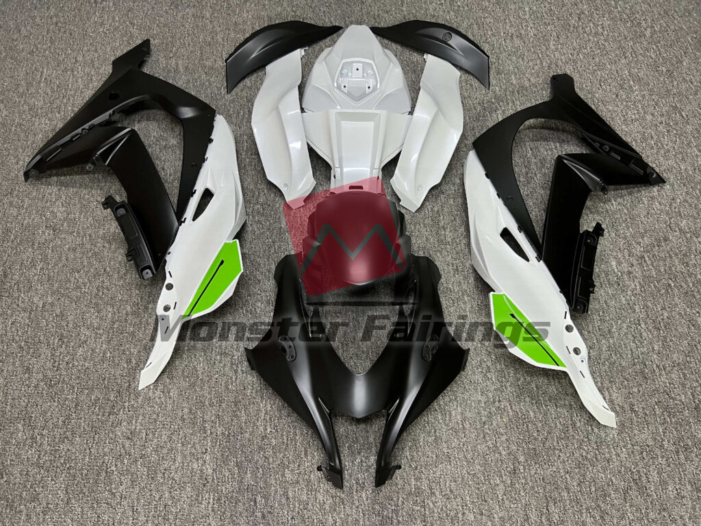 Kawasaki ZX10R 2016 - 2020 Pearl White & Matte Black Green ABS fairings - custom motorcycle bodywork kit by Monster Fairings