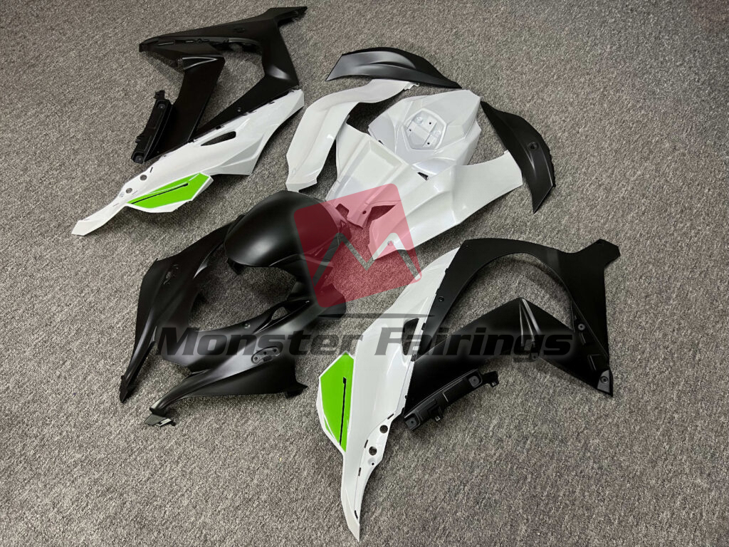 Kawasaki ZX10R custom ABS fairings 2016 - 2020 in Pearl White & Matte Black Green - durable replacement kit, Monster Fairings