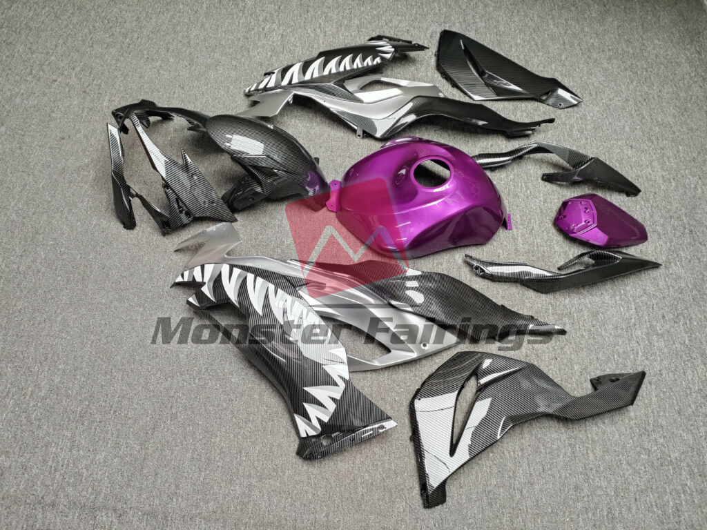 2019 - 2023 Kawasaki ZX6R Gloss Carbon Fiber Style Shark Purple fairing set - ABS injection, custom painted by Monster Fairings