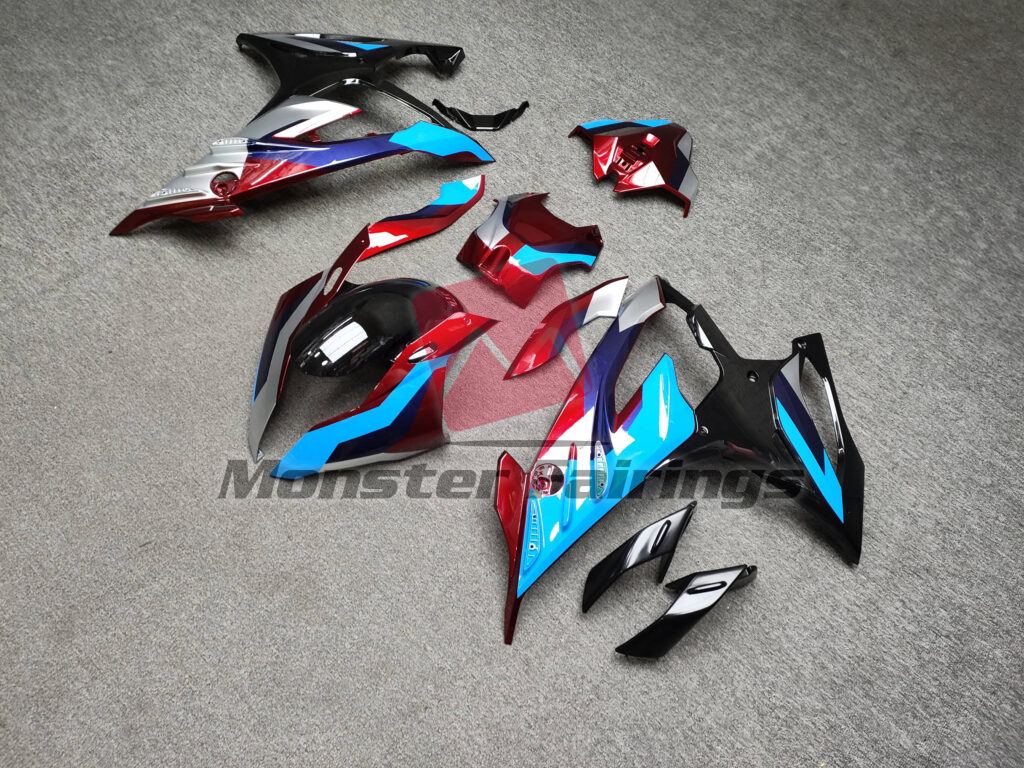 2023 - 2024 BMW S1000RR Gloss Black & Red Blue White fairing set - ABS injection, custom painted by Monster Fairings
