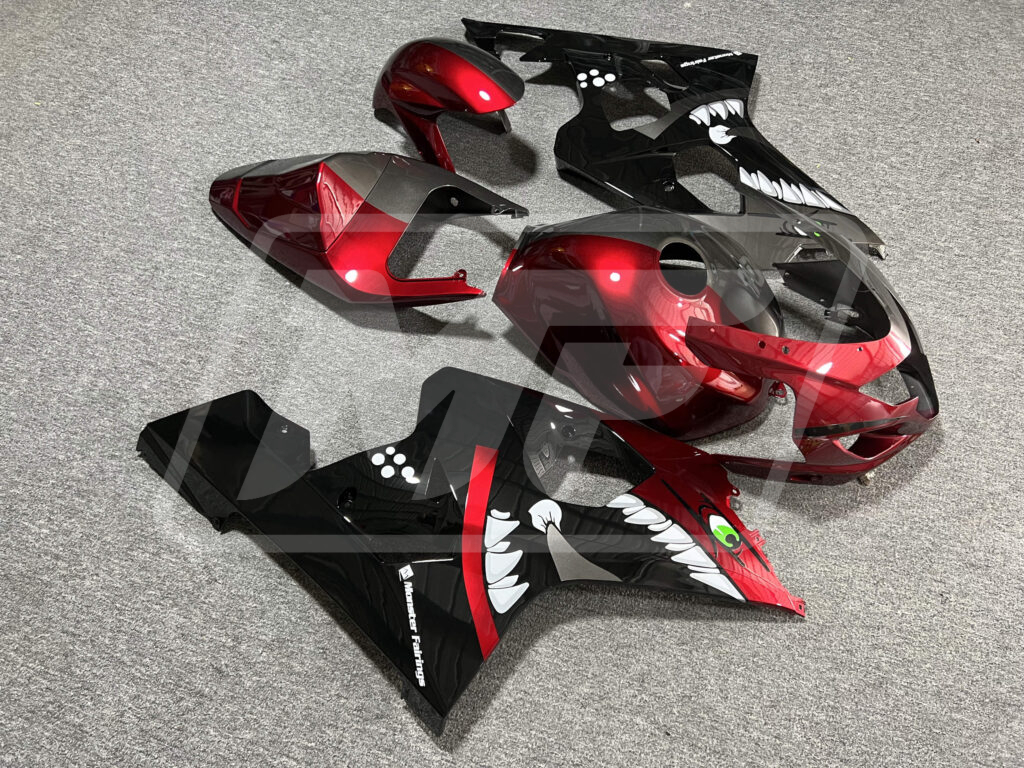 2004 - 2005 Suzuki GSXR Gloss Red & Gray Black Shark Split fairing set - ABS injection, custom painted by Monster Fairings