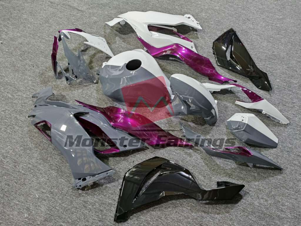 Kawasaki ZX6R custom ABS fairings 2019 - 2023 in Gloss Nardo Gray & White Purple Split - durable replacement kit, Monster Fairings