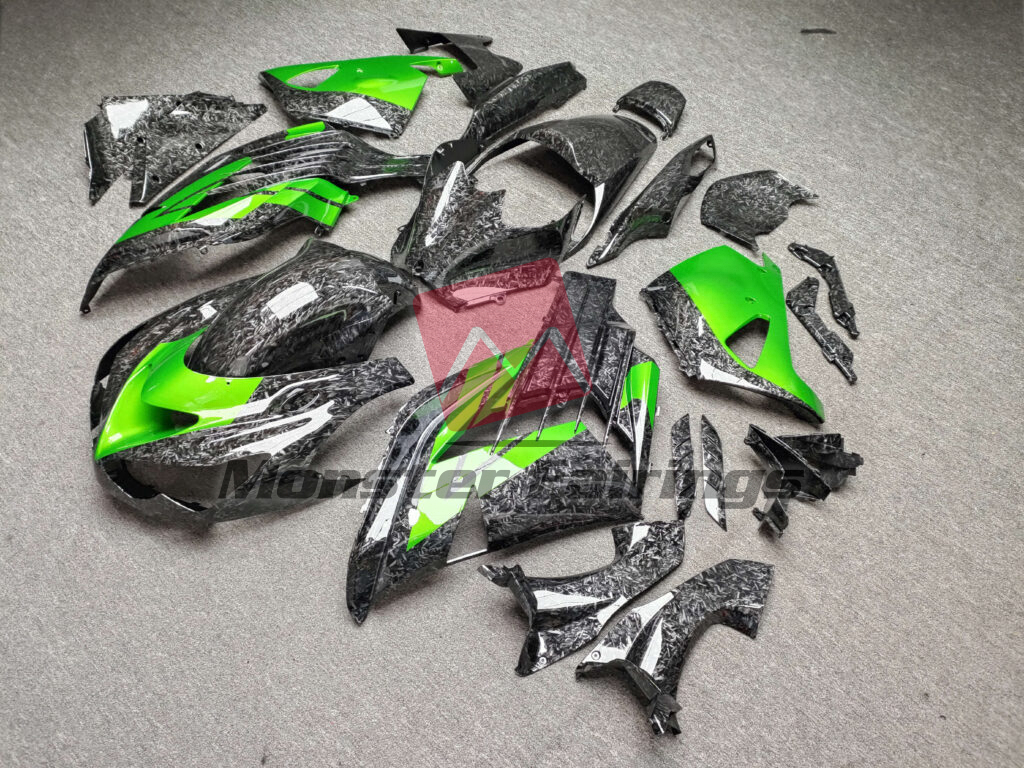 Kawasaki ZX14R custom ABS fairings 2012 - 2024 in Gloss Forged Carbon Fiber Style Green - durable replacement kit, Monster Fairings