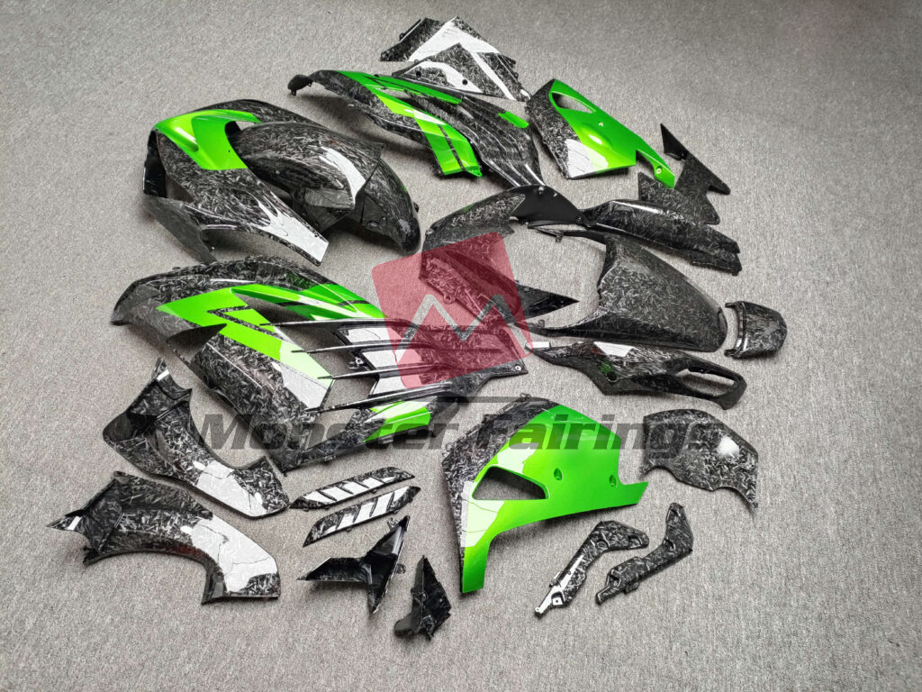 2012 - 2024 Kawasaki ZX14R Gloss Forged Carbon Fiber Style Green fairing set - ABS injection, custom painted by Monster Fairings