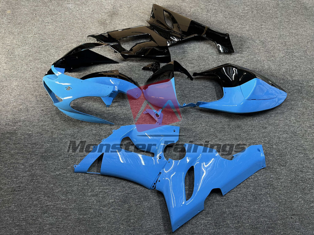 2005 - 2006 Kawasaki ZX6R Gloss Light Blue & Black fairing set - ABS injection, custom painted by Monster Fairings