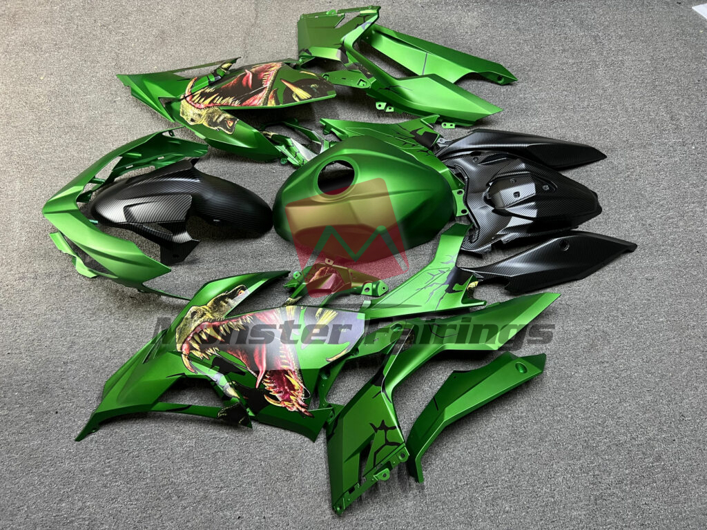 2018 - 2024 Kawasaki Ninja 400 Matte Carbon Fiber Green T - Rex fairing set - ABS injection, custom painted by Monster Fairings