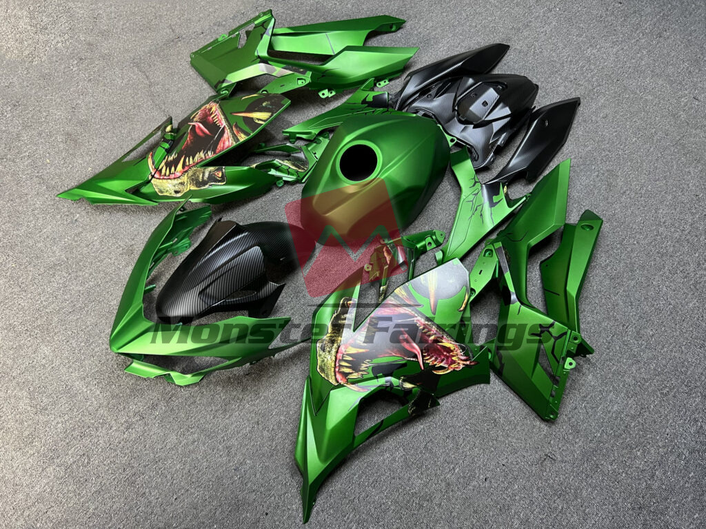 Kawasaki Ninja 400 custom ABS fairings 2018 - 2024 in Matte Carbon Fiber Green T - Rex - durable replacement kit, Monster Fairings