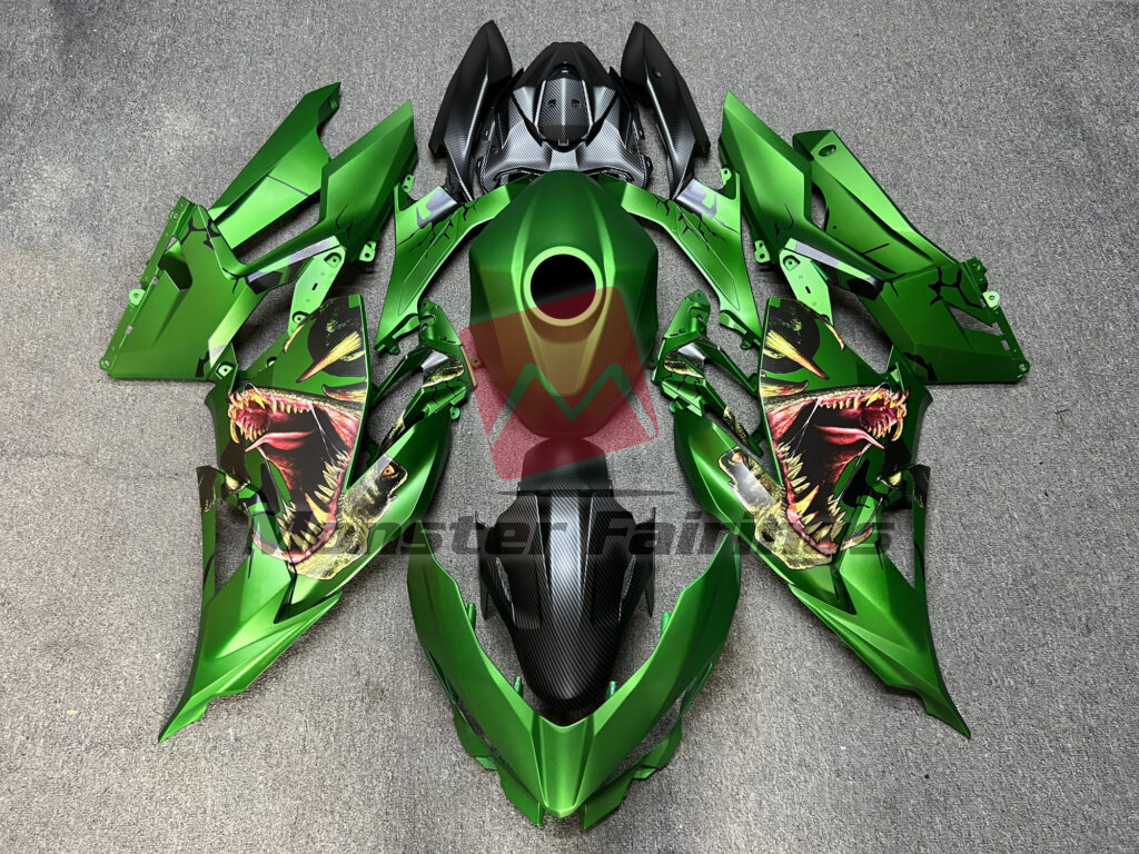 Kawasaki Ninja 400 2018 - 2024 Matte Carbon Fiber Green T - Rex ABS fairings - custom motorcycle bodywork kit by Monster Fairings