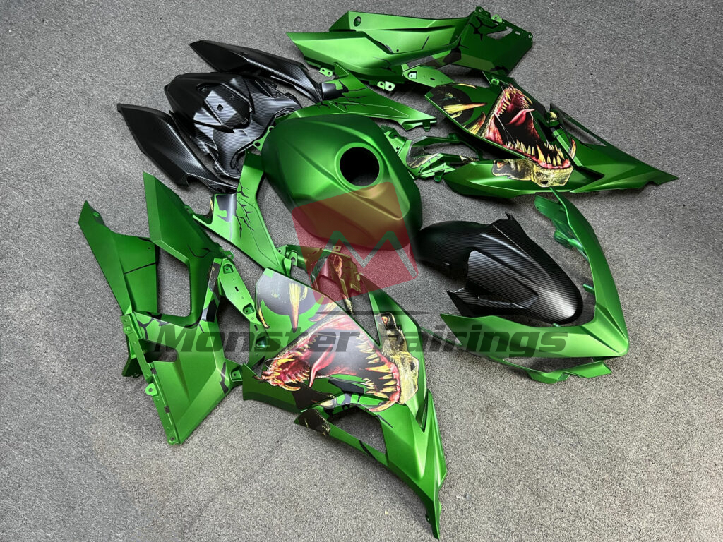 Matte Carbon Fiber Green T - Rex ABS fairings for Kawasaki Ninja 400 2018 - 2024 - premium OEM fit kit by Monster Fairings