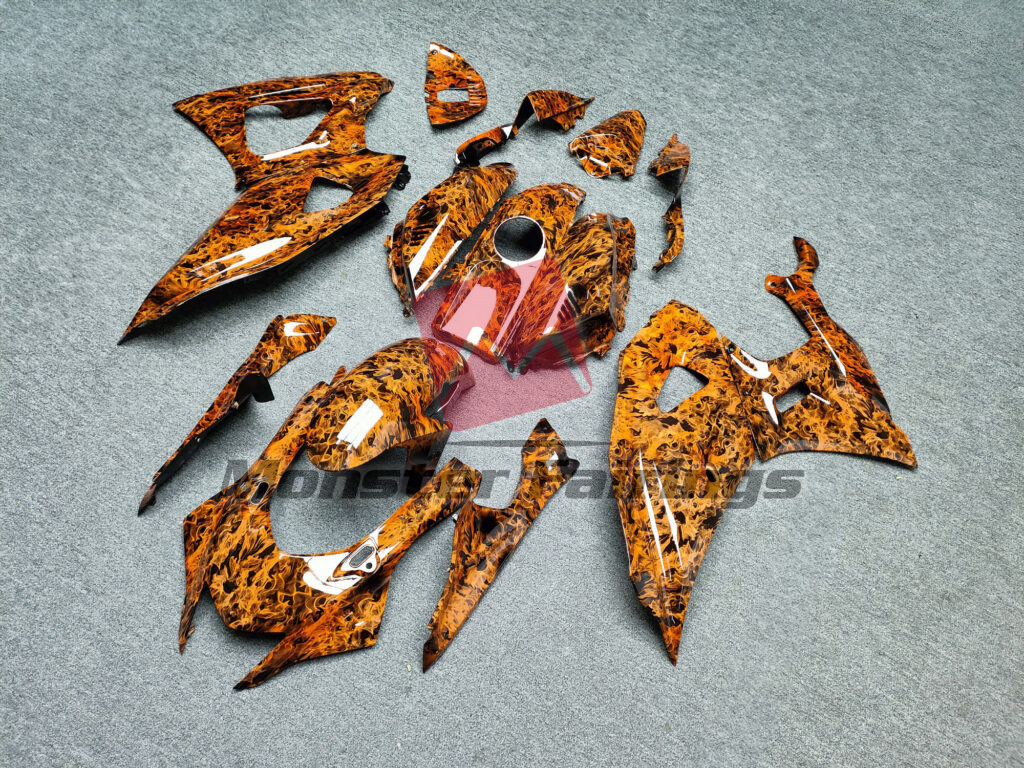 2021 - 2025 Yamaha R7 Gloss Black Flames fairing set - ABS injection, custom painted by Monster Fairings