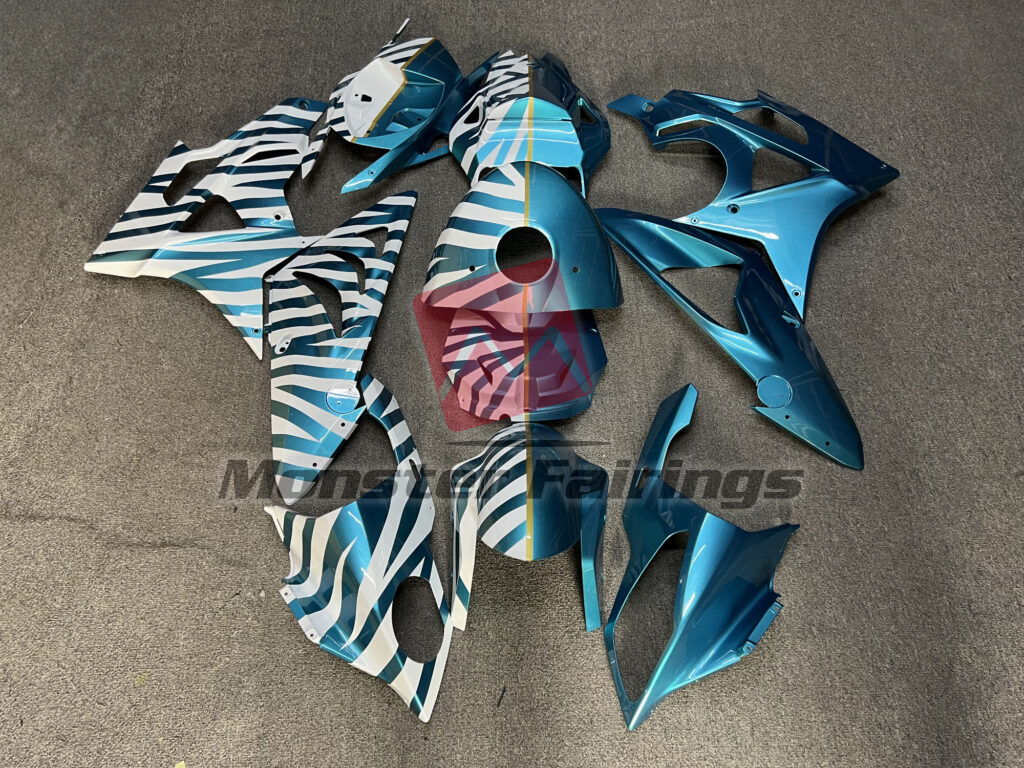 BMW S1000RR 2009 - 2014 Gloss White & Light Blue Zebra ABS fairings - custom motorcycle bodywork kit by Monster Fairings
