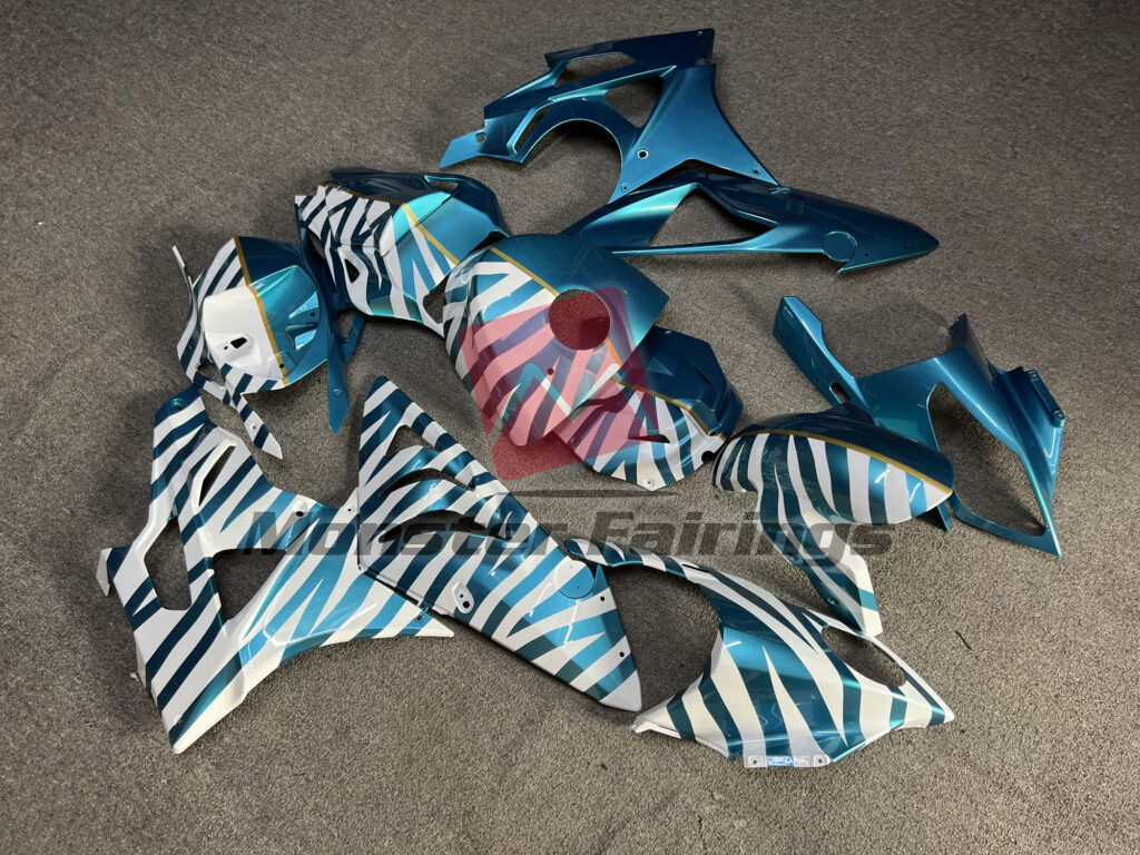 BMW S1000RR custom ABS fairings 2009 - 2014 in Gloss White & Light Blue Zebra - durable replacement kit, Monster Fairings