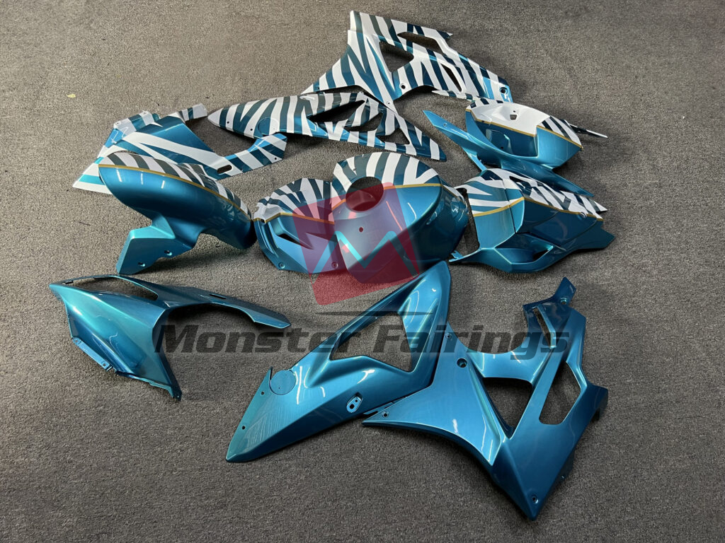2009 - 2014 BMW S1000RR Gloss White & Light Blue Zebra fairing set - ABS injection, custom painted by Monster Fairings