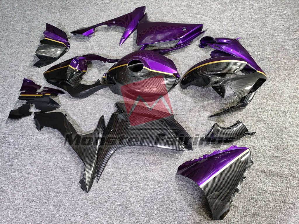 2007 - 2008 Yamaha R1 Gloss Purple & Carbon Fiber Style Split fairing set - ABS injection, custom painted by Monster Fairings