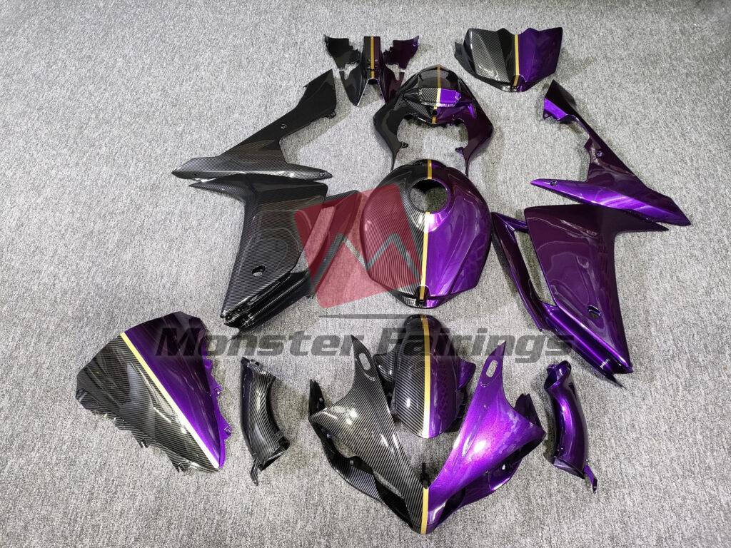 Yamaha R1 2007 - 2008 Gloss Purple & Carbon Fiber Style Split ABS fairings - custom motorcycle bodywork kit by Monster Fairings