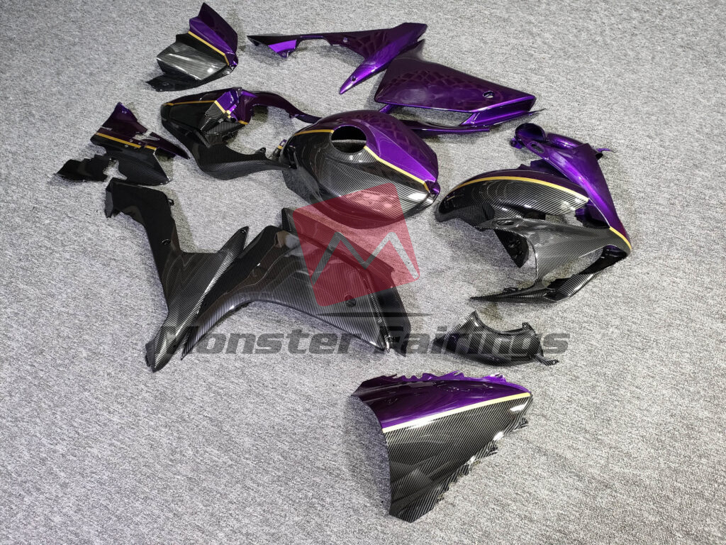 Yamaha R1 custom ABS fairings 2007 - 2008 in Gloss Purple & Carbon Fiber Style Split - durable replacement kit, Monster Fairings