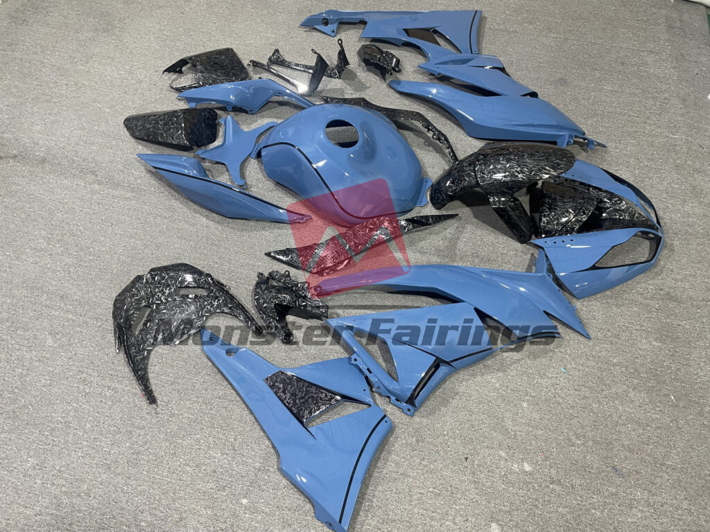 2009 - 2012 Kawasaki ZX6R Gloss Light Blue & Forged Carbon Fiber Style fairing set - ABS injection, custom painted by Monster Fairings