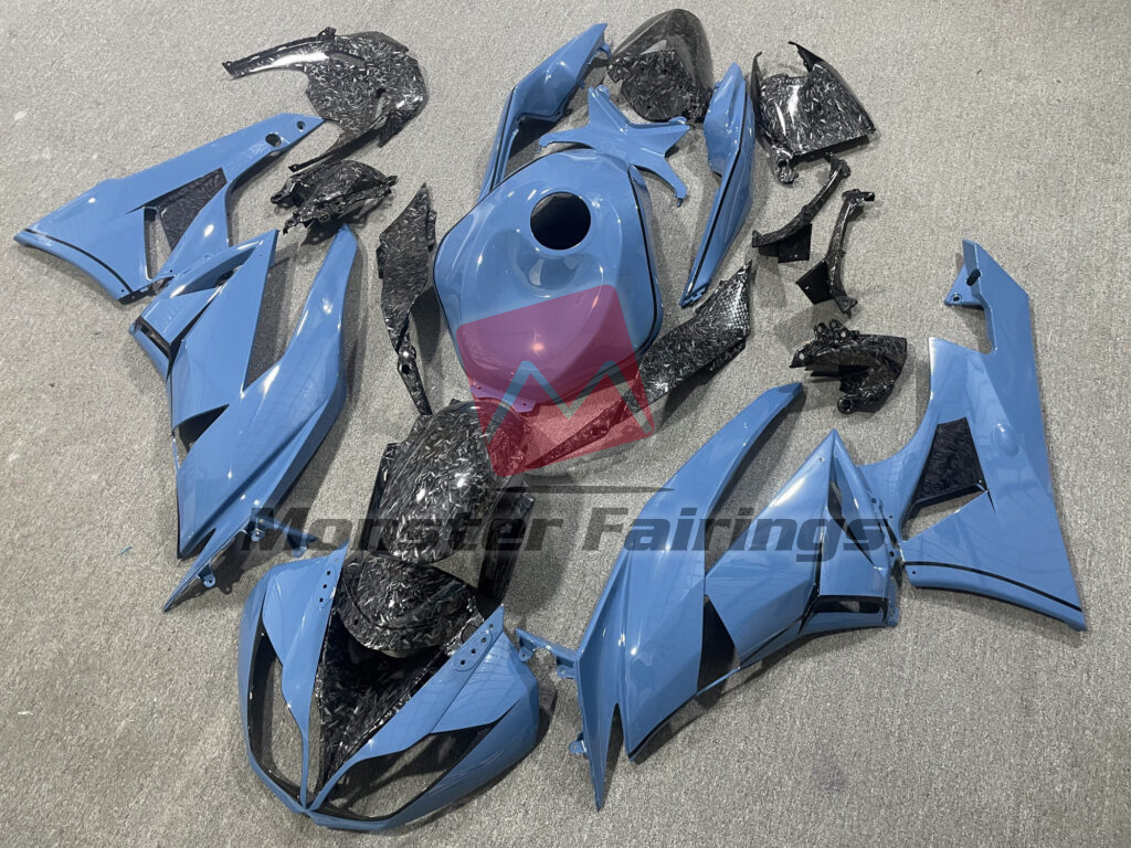 Gloss Light Blue & Forged Carbon Fiber Style ABS fairings for Kawasaki ZX6R 2009 - 2012 - premium OEM fit kit by Monster Fairings