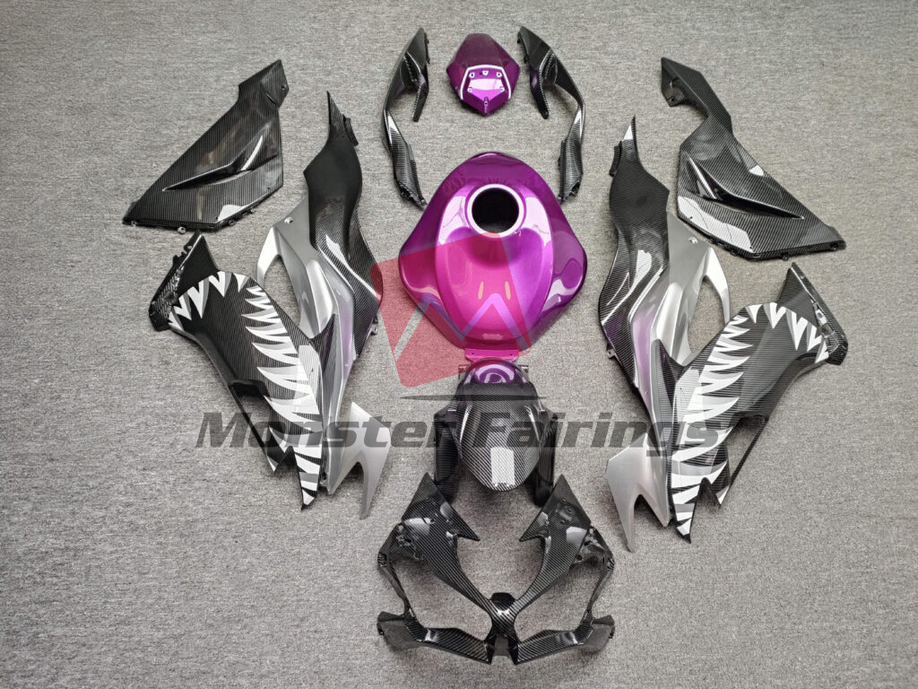 Kawasaki ZX6R 2019 - 2023 Gloss Carbon Fiber Purple Shark ABS fairings - custom motorcycle bodywork kit by Monster Fairings
