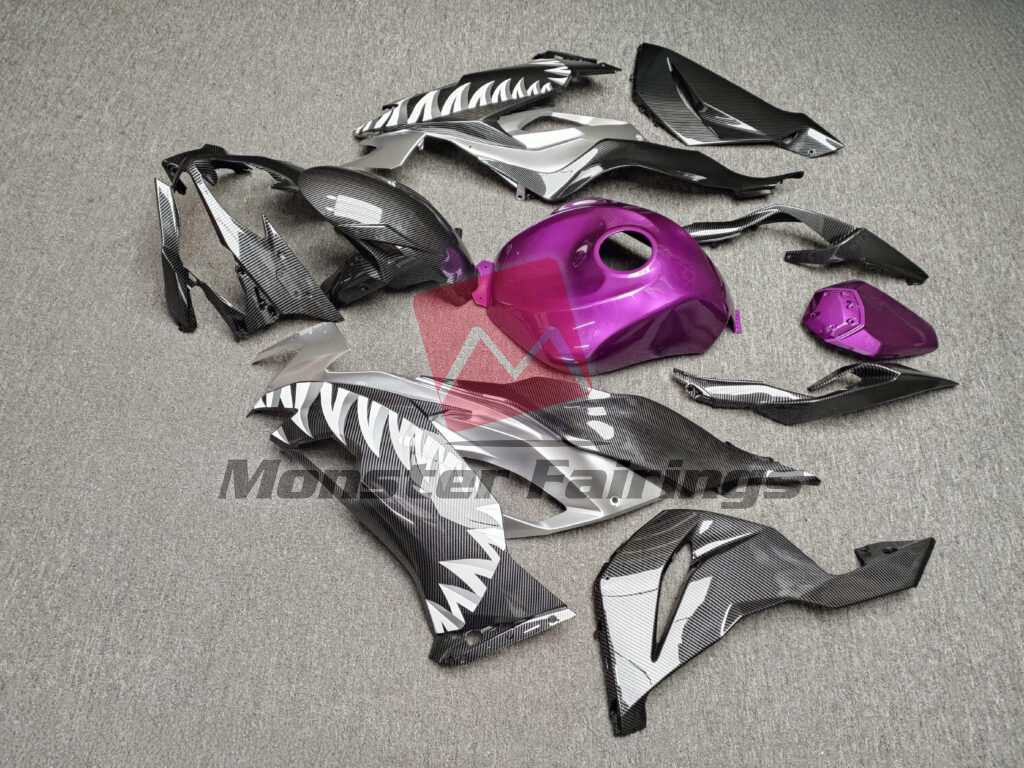 Kawasaki ZX6R custom ABS fairings 2019 - 2023 in Gloss Carbon Fiber Purple Shark - durable replacement kit, Monster Fairings