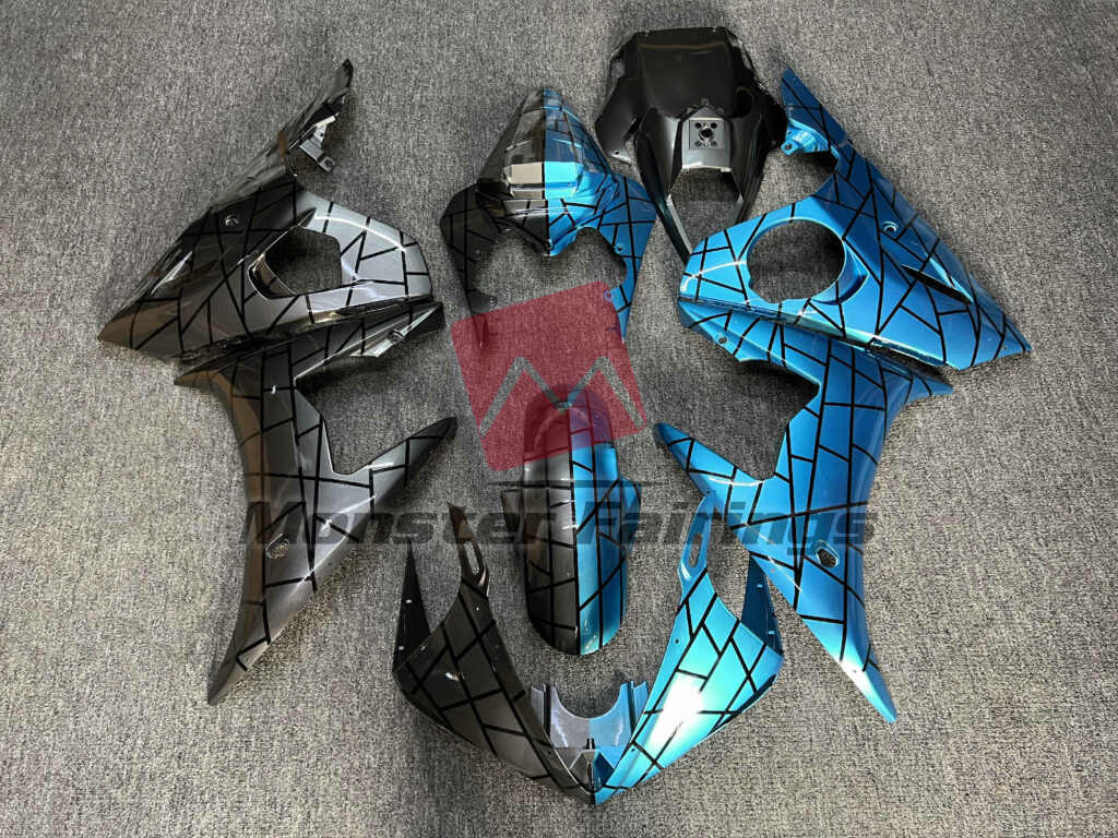 Yamaha R6 2003 - 2004 Gloss Metallic Gray & Teal Split ABS fairings - custom motorcycle bodywork kit by Monster Fairings