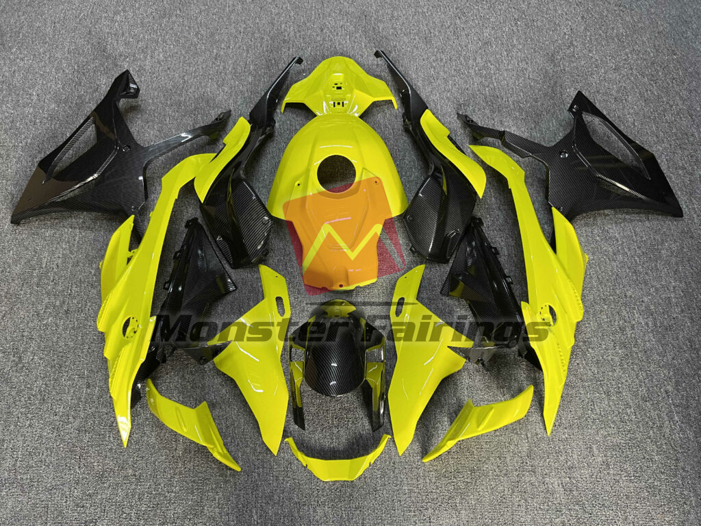 BMW S1000RR 2023 - 2024 Gloss High Vis Yellow & Carbon Fiber Style ABS fairings - custom motorcycle bodywork kit by Monster Fairings