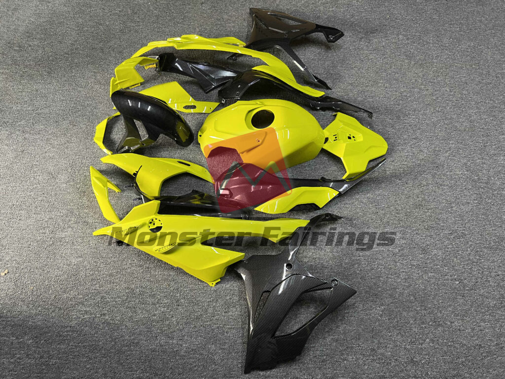 BMW S1000RR custom ABS fairings 2023 - 2024 in Gloss High Vis Yellow & Carbon Fiber Style - durable replacement kit, Monster Fairings