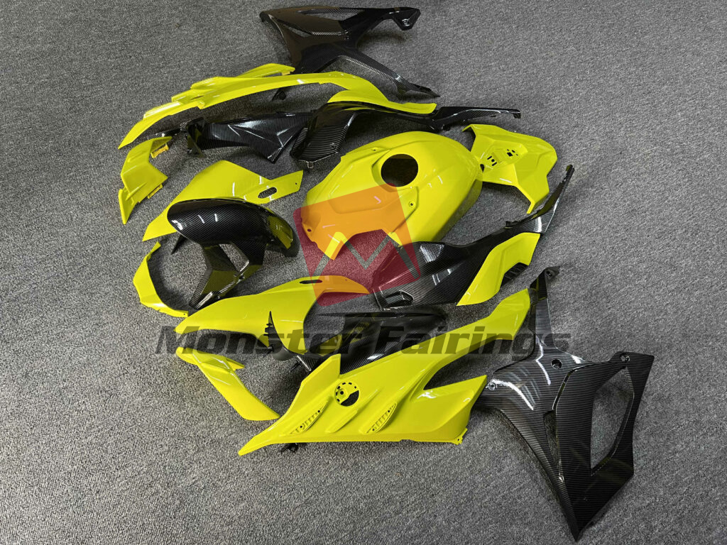 2023 - 2024 BMW S1000RR Gloss High Vis Yellow & Carbon Fiber Style fairing set - ABS injection, custom painted by Monster Fairings