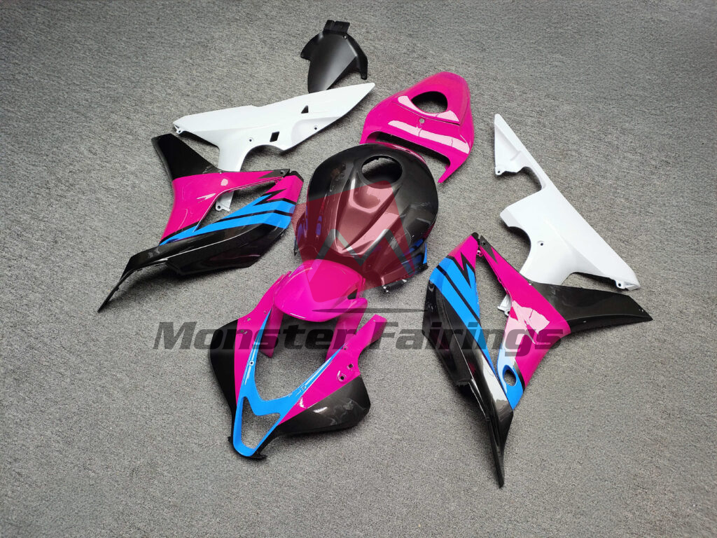 2007 - 2008 Honda CBR600RR Gloss Black & White Blue Pink fairing set - ABS injection, custom painted by Monster Fairings