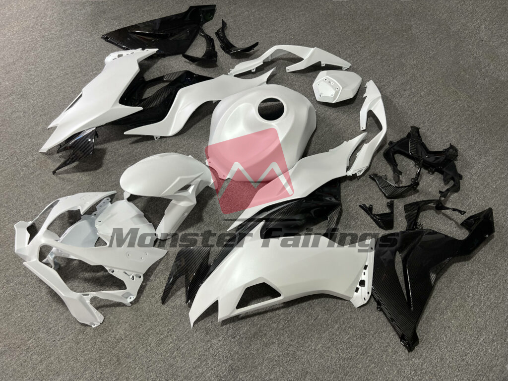 Gloss Carbon Fiber Style & Matte Metallic White ABS fairings for Kawasaki ZX6R 2019 - 2023 - premium OEM fit kit by Monster Fairings