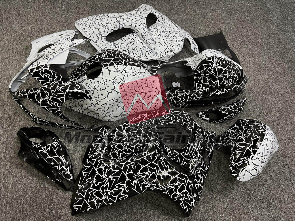 2008 - 2020 Suzuki GSXR Gloss White & Black Cracked Pattern Split fairing set - ABS injection, custom painted by Monster Fairings