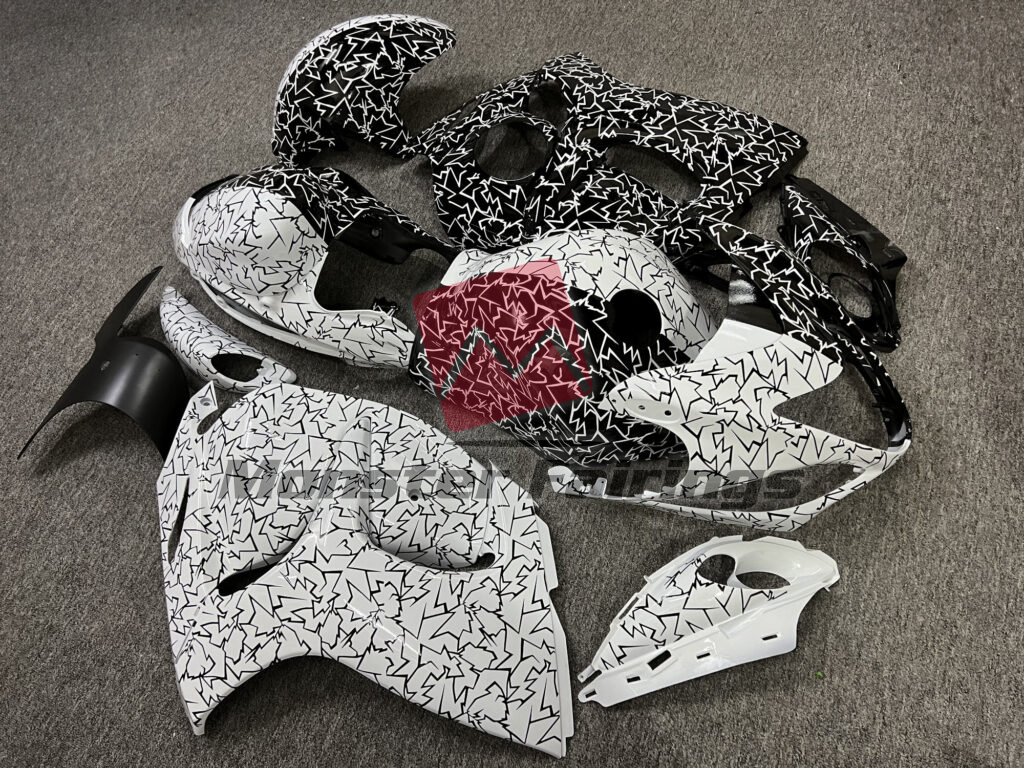 Suzuki GSXR custom ABS fairings 2008 - 2020 in Gloss White & Black Cracked Pattern Split - durable replacement kit, Monster Fairings