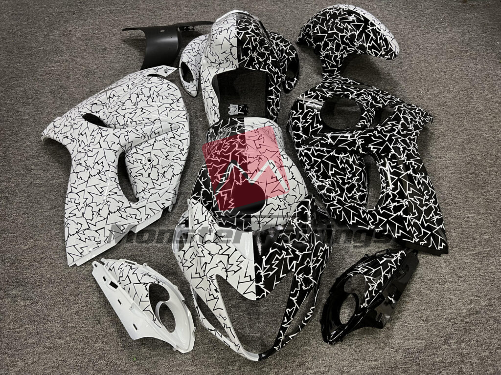 Suzuki GSXR 1300 2008 - 2020 Gloss White & Black Cracked Pattern Split ABS fairings - custom motorcycle bodywork kit by Monster Fairings