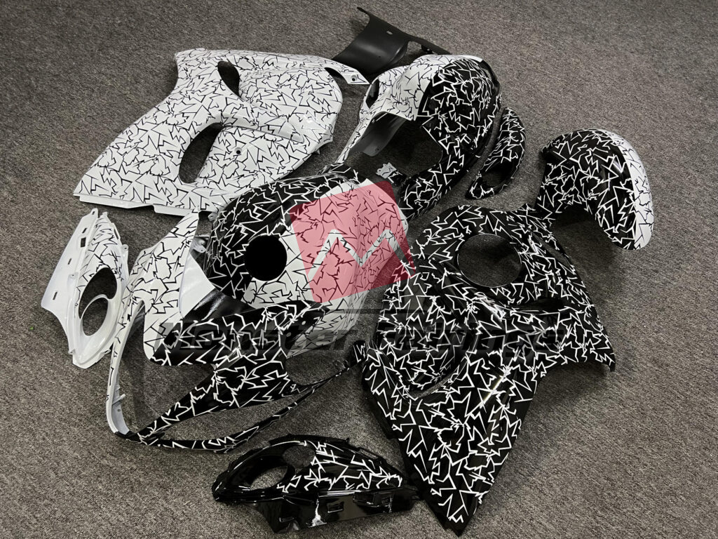 Gloss White & Black Cracked Pattern Split ABS fairings for Suzuki GSXR 1300 2008 - 2020 - premium OEM fit kit by Monster Fairings