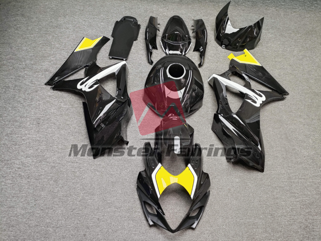 Suzuki GSXR 1000 2007 - 2008 Gloss Black Yellow & White ABS fairings - custom motorcycle bodywork kit by Monster Fairings