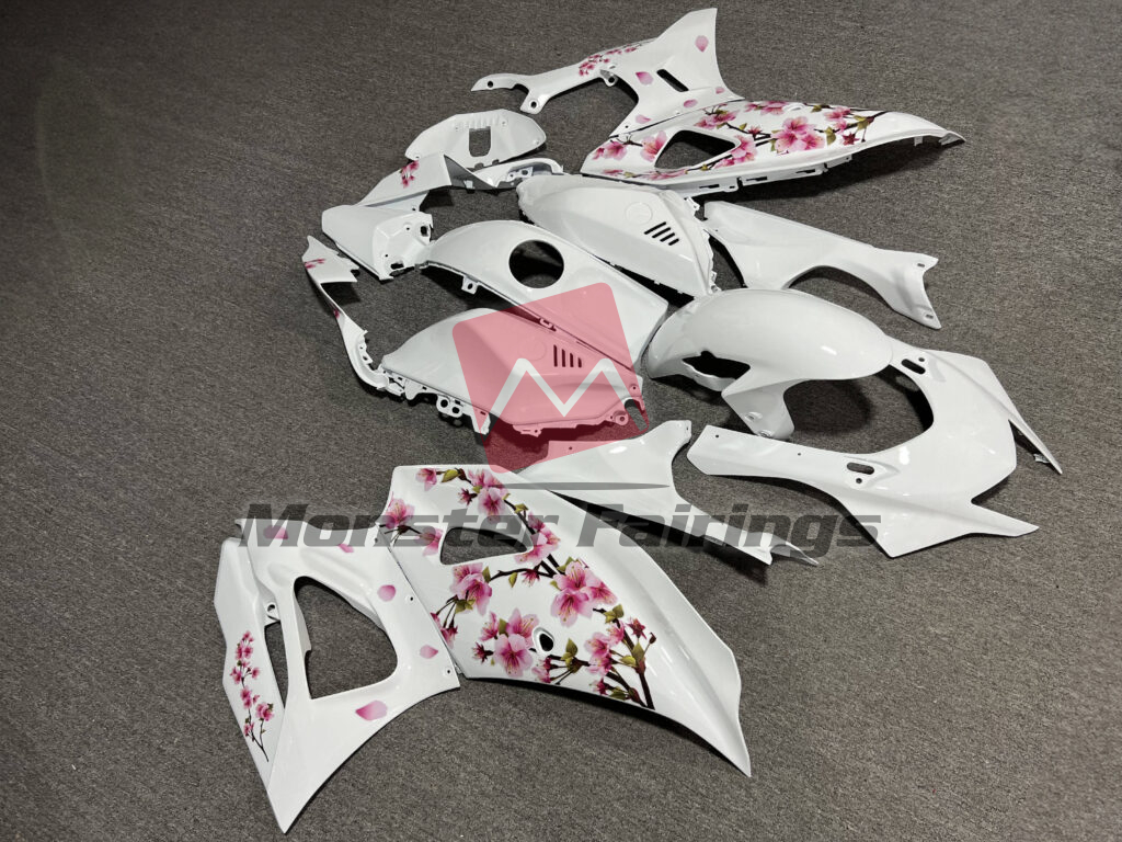 2021 - 2025 Yamaha R7 Gloss White Cherry Blossom fairing set - ABS injection, custom painted by Monster Fairings