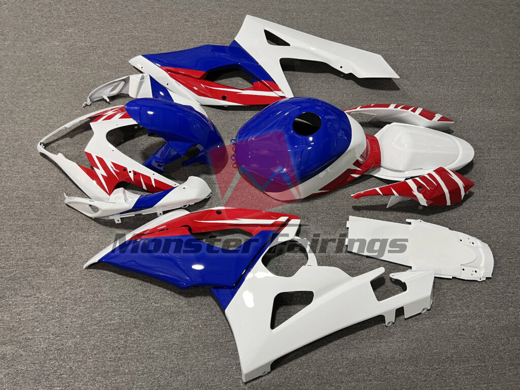 2005 - 2006 Suzuki GSXR Gloss White Blue & Red fairing set - ABS injection, custom painted by Monster Fairings