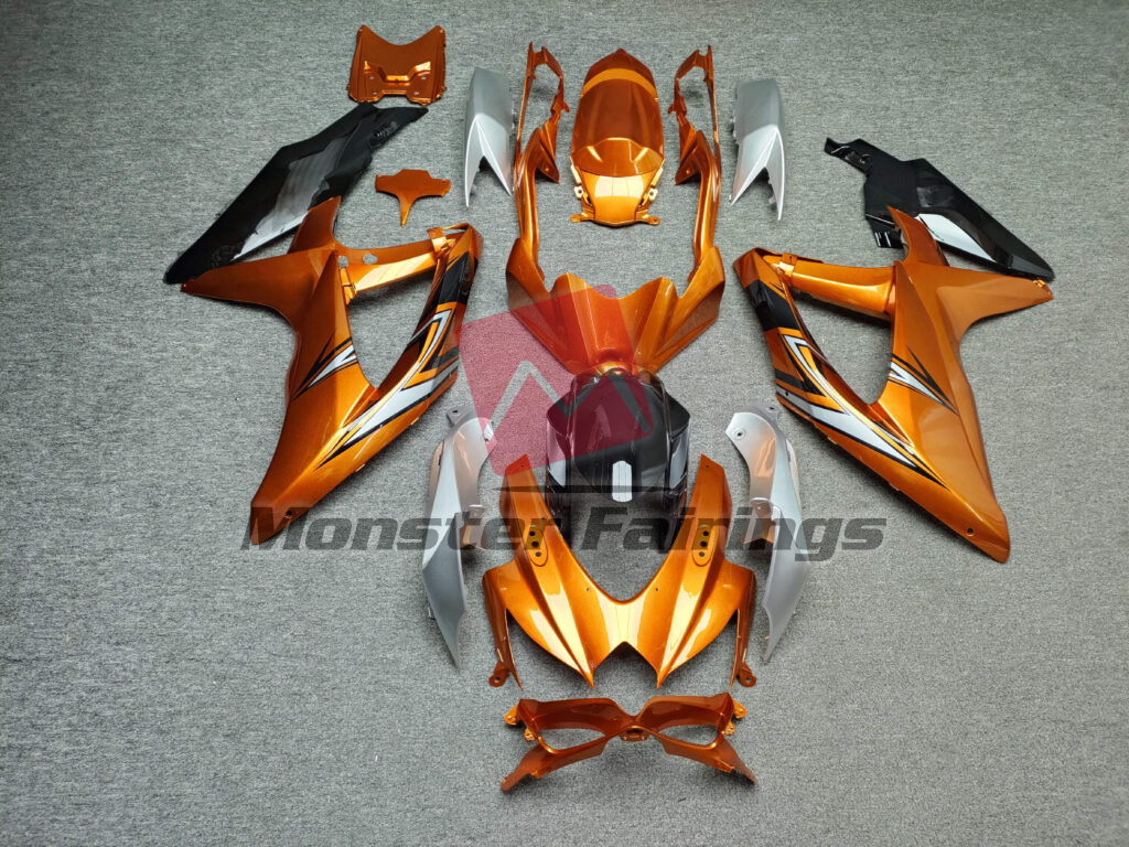 Suzuki GSXR 600 - 750 2008 - 2010 Gloss Orange & Silver ABS fairings - custom motorcycle bodywork kit by Monster Fairings