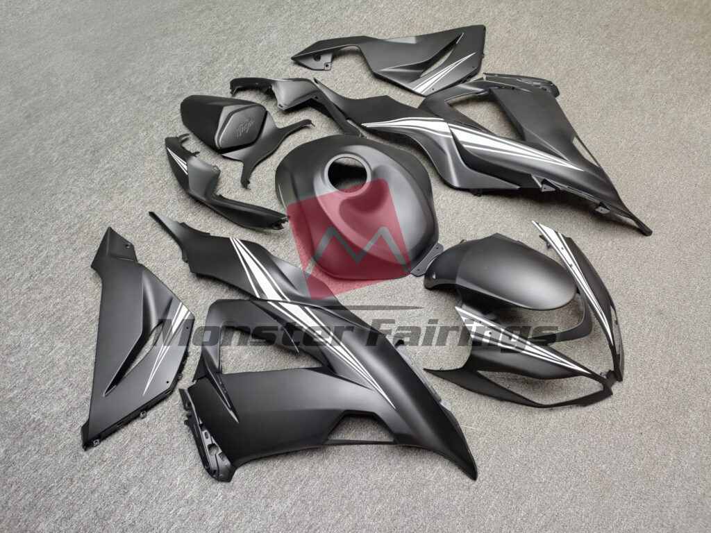 2013 - 2018 Kawasaki ZX6R Matte Black White fairing set - ABS injection, custom painted by Monster Fairings