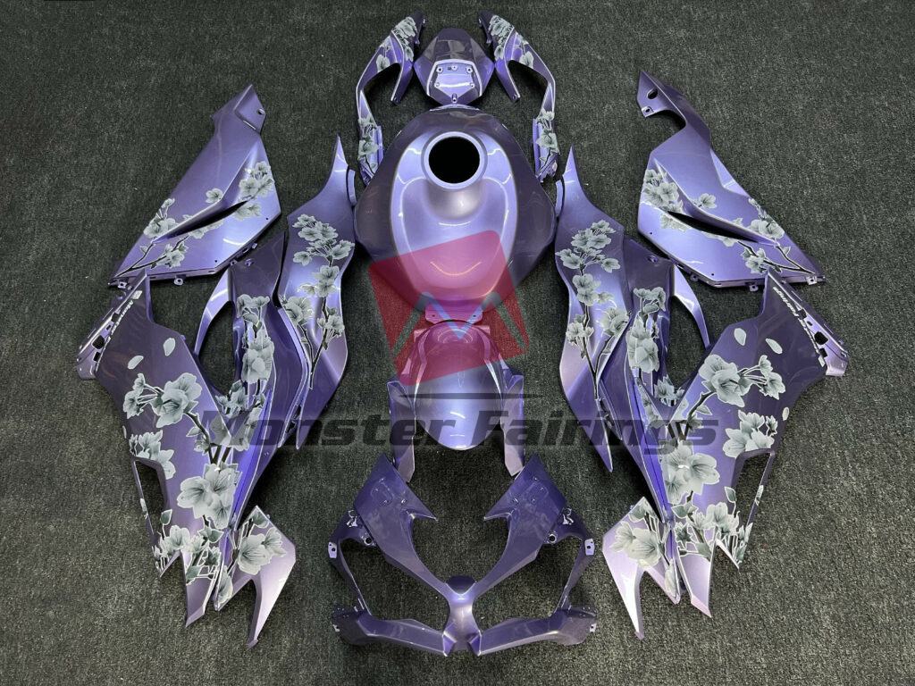 Kawasaki ZX6R 2019 - 2023 Gloss Lilac White Cherry Blossom ABS fairings - custom motorcycle bodywork kit by Monster Fairings